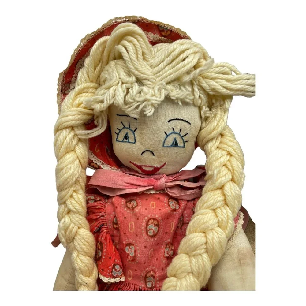 Vintage Folk Art Rag Doll Sewn Face Plush Cloth 18